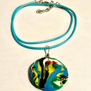 Handmade Reversible Clay Necklace Green Pink Blue Yellow Unique Handcrafted